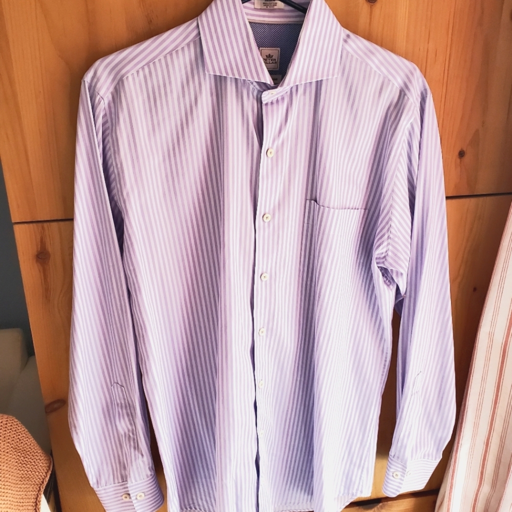 Peter Millar Purple and White Striped Cotton Shirt Seaside Finish Size Medium